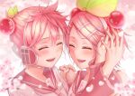  1boy 1girl alternate_color alternate_hair_color blush cherry_blossoms cherry_hair_ornament closed_eyes commentary_request detached_sleeves food-themed_hair_ornament hair_ornament hairband hairclip headphones headset highres hisui_ame kagamine_len kagamine_rin leaf_hair_ornament medium_hair neckerchief necktie open_mouth pink_hair pink_nails pink_neckerchief pink_necktie shirt short_hair smile vocaloid white_hairband white_shirt 