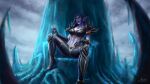 2023 abs alcohol armor armored_boots beverage blizzard_entertainment blue_hair blue_lips breasts chair cleavage clothed clothing container cup dominant dominant_female drinking_glass elf eyebrows facial_markings female furniture gauntlets glass glass_container glass_cup gloves glowing glowing_eyes hair handwear head_markings hi_res humanoid humanoid_pointy_ears ice jewelry lips long_eyebrows mammal markings melwinne midriff naelia necklace night_elf not_furry pointy_ears sitting solo throne unconvincing_armor warcraft wine wine_glass