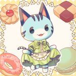  1girl :3 accurate_lolita_coord animal_crossing animal_ears apron bow capelet cat_ears cat_girl cat_tail checkerboard_cookie chibi chibi_only chibikemo commentary cookie country_lolita doily donut dress food full_body furry furry_female green_bow green_capelet green_dress holding_own_dress icing lolita_fashion lolly_(animal_crossing) looking_at_viewer macaron open_mouth potetoneko473 solo sprinkles standing standing_on_one_leg tail thumbprint_cookie white_apron 