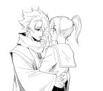  1boy 1girl arms_around_another's_waist bleach bleach:_sennen_kessen-hen commentary english_commentary haori hatching_(texture) hetero high_ponytail highres hitsugaya_toushirou holding holding_ice_cream_cone ice_cream_cone japanese_clothes kurosaki_karin licking licking_another's_finger licking_finger monochrome ponytail scarf school_uniform serafuku silegesi taichou_haori tongue tongue_out 