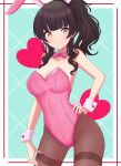  1girl animal_ears aqua_background black_hair black_pantyhose bow bowtie breasts brown_hair cleavage collarbone commentary_request covered_navel fake_animal_ears hand_on_own_hip heart highres hotaka_(kz_hotaka) idolmaster idolmaster_shiny_colors leotard long_hair looking_at_viewer mayuzumi_fuyuko nontraditional_playboy_bunny pantyhose pink_bow pink_bowtie pink_leotard ponytail rabbit_ears sidelocks smile solo strapless strapless_leotard thighband_pantyhose white_wrist_cuffs wrist_cuffs 
