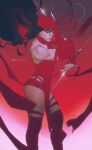 1girl bandana black_hair closed_eyes comic_cover commentary cover cover_page daredevil_(series) dual_wielding elektra_natchios english_commentary floating_clothes floating_hair gradient_background highres holding holding_weapon jswayart knee_pads leotard long_hair marvel realistic red_background red_bandana red_leotard red_theme sai_(weapon) solo toned toned_female weapon western_comics_(style) white_background 