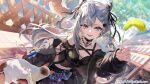  1girl :d artist_request black_collar black_jacket black_shirt black_skirt blue_eyes braid braided_bangs breasts cat cleavage collar commentary_request cone_hair_bun day double-parted_bangs double_bun fishnet_top fishnets grey_hair hair_bun highres holding hololive hololive_dreams hololive_indonesia jacket lace-trimmed_shirt lace_trim long_hair looking_at_viewer midriff miniskirt off_shoulder official_art open_mouth outdoors second-party_source shirt skirt smile solo two_side_up very_long_hair vestia_zeta virtual_youtuber 