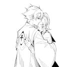  1boy 1girl bleach bleach:_sennen_kessen-hen blush closed_eyes commentary english_commentary haori hetero high_ponytail highres hitsugaya_toushirou hug japanese_clothes kurosaki_karin long_sleeves monochrome ponytail sailor_collar school_uniform serafuku silegesi taichou_haori 