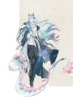  1girl absurdres arknights black_pants black_shoes blue_hair closed_mouth coat dragon_boy dragon_horns floating_hair full_body highres holding holding_sword holding_weapon horns jacket lin_qing_(phosphorus_1104) long_hair long_sleeves looking_at_viewer multicolored_hair open_clothes open_coat pants pointy_ears shirt shoes solo streaked_hair sword tail very_long_hair weapon white_coat white_shirt yi_(arknights) 