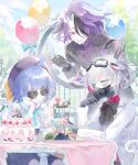  1boy 2girls ahoge alternate_costume arm_on_table balloon barbaros_(shadowverse) black_bow black_bowtie black_gloves black_hat black_streaks black_suit blue_bow blue_bowtie blue_eyes blue_hair bow bowtie cake commentary_request croma_mhach fence food fork gas_mask gloves goggles goggles_on_head hand_on_own_face hat highres holding holding_food holding_fork horns iron_fence istyndet_(shadowverse) leaning_forward long_bangs long_hair looking_at_viewer mask medium_hair multicolored_hair multiple_girls necktie open_mouth parted_bangs purple_eyes purple_hair purple_necktie purple_shirt red_shirt red_streaks round_eyewear sephie_(shadowverse) shadowverse shirt short_hair sitting smile streaked_hair suit table tongue tongue_out white_hair white_suit yellow_eyes 