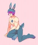 alternate_species animal_humanoid battam_(solanaceae) blue_body blue_fur blue_hair chest_tuft darkchibishadow fur hair half-closed_eyes highlights_(coloring) humanoid lagomorph lagomorph_humanoid leporid_humanoid mammal mammal_humanoid narrowed_eyes purple_highlights rabbit_humanoid smile smirk smug smug_face solanaceae tan_body tan_skin tuft