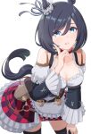  1girl animal_ears black_hair black_thighhighs blue_eyes blush bob_cut bodice breasts choker cleavage collarbone commentary_request detached_sleeves dirndl ear_ribbon ear_scrunchie eishin_flash_(meisterschaft)_(umamusume) eishin_flash_(umamusume) german_clothes hair_between_eyes horse_ears horse_girl horse_tail large_breasts leaning_forward looking_at_viewer parted_lips red_choker red_skirt scrunchie shiromaru_illust shirt short_hair simple_background skirt solo striped_clothes striped_skirt swept_bangs tail thighhighs umamusume vertical-striped_clothes vertical-striped_skirt white_scrunchie white_shirt 