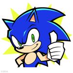  1boy animal_ears animal_nose blue_fur closed_mouth furry furry_male gloves green_eyes hedgehog_boy looking_at_viewer lowres male_focus official_art simple_background solo sonic_(series) sonic_the_hedgehog thumbs_up upper_body white_background white_gloves 