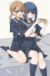  2girls :t ^^^ absurdres bed_sheet black_sailor_collar black_serafuku black_shirt black_skirt black_socks blue_eyes blue_hair blush_stickers breasts brown_eyes brown_hair closed_mouth commentary_request grey_neckerchief hair_between_eyes highres holding hug hug_from_behind kopaka_(karda_nui) low_twintails medium_breasts multiple_girls neckerchief no_shoes on_bed open_mouth original pillow pleated_skirt ribbed_socks sailor_collar school_uniform serafuku shirt short_twintails sitting skirt socks twintails wariza wavy_mouth yuri 