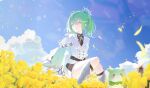 1girl absurdres aqua_(eos8012) belt black_belt black_skirt blue_eyes blue_sky boots chico_(yuzuha_riko) closed_mouth cloud cloudy_sky commentary_request feet_out_of_frame field flower flower_field green_hair hair_between_eyes hamster highres jacket korean_commentary light_smile looking_to_the_side multicolored_skirt outdoors petals short_hair skirt sky stellive two-tone_skirt virtual_youtuber white_boots white_jacket white_skirt windmill yellow_flower yellow_petals yuzuha_riko 