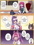  4girls animal_ears black_hair blunt_bangs blush bocchi_the_rock! bow bowtie braid breasts brown_eyes brown_hair brown_hat cash_register closed_eyes commentary doner_kebab ear_bow ear_covers ear_ribbon english_commentary flower-shaped_pupils flower_in_eye gloves gold_ship_(umamusume) grey_hair hair_between_eyes hair_bow hair_over_shoulder hairband haru_urara_(bestest_prize)_(umamusume) haru_urara_(umamusume) hat headband highres hiroi_kikuri horse_ears horse_girl horseshoe_ornament jacket long_hair long_sleeves multicolored_hair multicolored_jacket multiple_girls neferkitty open_mouth pillbox_hat pink_eyes pink_hair pink_headband ponytail purple_bow purple_eyes red_gloves red_headband rotisserie school_uniform shirt simple_background single_braid smile stay_gold_(umamusume) streaked_hair symbol-shaped_pupils symbol_in_eye tongue tongue_out tracen_school_uniform tracen_training_uniform two-tone_jacket umamusume white_hair white_shirt 
