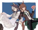  2girls ahoge animal_ears ascot black_necktie black_pants blue_eyes bow brown_hair brown_jacket buttoned_cuffs buttons card cereu57 chain collared_shirt dream_journey_(snow-white_dreamland)_(umamusume) dream_journey_(umamusume) dreamcatcher dress ear_covers ear_ornament earrings eyewear_strap feather_earrings feathers frilled_dress frills glasses gold_buttons gold_chain grey_hair hair_between_eyes hair_bun hand_on_own_knee holding holding_card holly horse_ears horse_tail invisible_chair jacket jewelry lace-trimmed_sleeves lace_trim locked_arms loose_necktie manspreading multicolored_hair multiple_girls nail_polish nakayama_festa_(festival_game)_(umamusume) nakayama_festa_(umamusume) necktie pants playing_card ponytail purple_eyes shirt simple_background single_ear_cover single_hair_intake sitting sketch streaked_hair tail umamusume untucked_shirt white_ascot white_bow white_dress white_hair white_streaks yellow_nails 