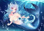  1girl artist_name bao_the_whale blue_flower blue_hair breasts bubble cleavage collarbone commentary copyright_notice english_commentary flower gamer_supps hair_flower hair_ornament indie_virtual_youtuber merfolk mermaid monster_girl navel necryonics parted_lips red_eyes solo underwater virtual_youtuber 