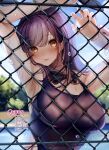  1girl absurdres against_fence amane_ruri animal_ear_hairband animal_ears armpits arms_up artist_name bare_arms bare_shoulders black_bow black_bowtie blurry blurry_background blush bow bowtie breast_press breasts brown_eyes brown_hair chain-link_fence closed_mouth competition_school_swimsuit day dengeki_moeoh detached_collar fake_animal_ears fence hairband highres large_breasts light_smile long_hair looking_at_viewer magazine_scan nontraditional_playboy_bunny original outdoors playboy_bunny_swimsuit rabbit_ear_hairband rabbit_ears scan school_swimsuit sideboob solo swept_bangs swimsuit third-party_source translation_request upper_body water_drop wet white_wrist_cuffs wrist_cuffs 