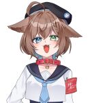  1girl :3 :d ahoge animal_collar animal_ear_fluff animal_ears armband belt_collar beret black_hat black_sailor_collar blue_eyes blue_hair blue_neckerchief blush braid braided_bangs brown_hair cat_ears cat_girl cat_pendant clothes_pin collar colored_inner_hair commission cropped_shirt droopy_ears english_commentary fang green_eyes hat heterochromia indie_virtual_youtuber looking_at_viewer michiyo_mao multicolored_hair neckerchief open_mouth pendant_collar raised_eyebrow red_armband red_collar sailor_collar school school_uniform serafuku serasuku short_hair simple_background skeb_commission smile suzumiya_karen upper_body virtual_youtuber white_background white_serafuku 