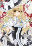  3girls alice_margatroid blonde_hair blue_bow blush bow braid breasts cleavage cleavage_cutout clothing_cutout commentary_request cosmetics curiosities_of_lotus_asia hair_bow hat hat_bow highres kirisame_marisa lipstick_tube long_hair marisa_day medium_breasts multiple_girls official_alternate_costume one_eye_closed patchouli_knowledge side_braid single_braid solo_focus touhou very_long_hair watermark white_bow white_wrist_cuffs witch_hat wrist_cuffs yellow_eyes zenra1112 