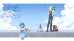  1girl bag black_vest blue_eyes blue_hair blue_pants blue_sailor_collar blue_sky bow bowtie brown_bag brown_shoes cilan_(pokemon) cloud eevee fishing_rod gold_hairband green_bow green_bowtie green_hair hairband highres holding holding_fishing_rod lana_(pokemon) long_sleeves on_shoulder outdoors pansage pants pokemon pokemon_(creature) pokemon_black_and_white pokemon_on_shoulder pokemon_sun_and_moon sailor_collar serizawa_serizane shirt shoes short_hair sitting sky sleeveless standing traditional_bowtie vest white_shirt yellow_hairband 