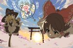  3girls :d ;d apron black_skirt black_vest blonde_hair blue_bow blue_dress blue_hair blue_sky bow braid broom broom_riding brown_eyes brown_hair cirno cloud commentary day detached_sleeves detached_wings dress frilled_bow frilled_hair_tubes frilled_skirt frills hair_bow hair_tubes hakurei_reimu hat hat_bow heart heart_in_mouth highres ice ice_wings kirisame_marisa long_hair mangpum_(taro109210) multiple_girls one_eye_closed open_mouth outdoors pinafore_dress puffy_short_sleeves puffy_sleeves red_bow ribbon-trimmed_sleeves ribbon_trim short_sleeves side_braid single_braid skirt sky sleeveless sleeveless_dress smile touhou vest waist_apron white_bow wings witch_hat 