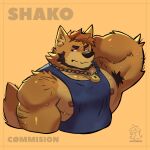 annoyed anthro areola armpit_hair armpit_tuft artist_logo artist_name barazoku beard blue_clothing blue_shirt blue_tank_top blue_topwear bodily_fluids body_hair brown_body brown_fur brown_hair canid canine chain clothing colored erect_nipples facial_hair front_view frown fur hair half-closed_eyes half-length_portrait hand_behind_head hi_res inner_ear_fluff lock logo looking_aside male mammal muscular muscular_anthro muscular_arms muscular_male narrowed_eyes nipples orange_background phantasmbark portrait pose shaded shirt short_hair simple_background solo sweat sweatdrop sweaty_body sweaty_fur tank_top text topwear tuft watermark