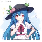  1girl black_hat blue_hair blush bow bowtie closed_mouth commentary fruit_hat_ornament hand_on_own_hip hat hat_ornament highres hinanawi_tenshi kk0220 leaf_hat_ornament long_hair looking_at_viewer peach_hat_ornament puffy_short_sleeves puffy_sleeves red_bow red_bowtie red_eyes shirt short_sleeves signature smile solo sparkle touhou translation_request very_long_hair white_shirt 