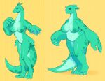 alternate_form anthro areola breasts darkchibishadow digitigrade female gills green_areola green_body green_nipples green_scales half-closed_eyes hi_res loch_ness_monster membrane_(anatomy) model_sheet narrowed_eyes nipples scales slightly_chubby slightly_chubby_anthro slightly_chubby_female smile solo webbed_hands