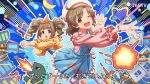  2girls :d ;d ahoge blue_eyes blue_skirt brown_hair card_commentary commentary_request drill_hair explosion frilled_shirt frills game_asset hat idolmaster idolmaster_million_live! idolmaster_million_live!_theater_days kaiju long_sleeves looking_at_viewer multiple_girls official_alternate_costume official_alternate_hair_color official_art one_eye_closed open_mouth overall_skirt pink_shirt shirt short_hair skirt smile standing star_(symbol) takatsuki_yayoi third-party_source translation_request tv_show twin_drills white_hat yabuki_kana yellow_eyes 