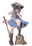  1girl 4oop black_hat blue_hair blue_skirt boots brown_boots closed_mouth commentary_request finger_to_mouth full_body hand_on_own_hip hand_up hat highres hinanawi_tenshi long_hair looking_ahead looking_at_viewer shirt short_sleeves shushing simple_background skirt smile solo standing_on_rock straight-on sword_of_hisou touhou uneven_footing white_background white_shirt 