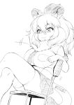  1girl :3 absurdres animal_ears arm_rest big_hair breast_pocket breasts chair closed_mouth crossed_legs elbow_gloves fur_collar furry gloves hair_between_eyes highres kemono_friends large_breasts lion_(kemono_friends) lion_ears lion_girl lion_tail long_hair masuyama_ryou miniskirt motion_lines multicolored_hair necktie pleated_skirt pocket shirt short_sleeves simple_background sitting skirt smile solo tail thighhighs zettai_ryouiki 