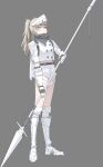  1girl absurdres armored_boots boots brown_eyes brown_hair closed_mouth commentary ear_piercing english_commentary full_body gloves grey_background grey_gloves half-closed_eyes highres holding holding_polearm holding_weapon jacket jin_yu0810 knee_pads original piercing polearm ponytail short_eyebrows short_sleeves shorts simple_background solo spear standing thick_eyebrows v-shaped_eyebrows visor_(armor) weapon white_boots white_jacket white_shorts 