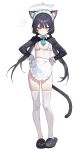  1girl absurdres alternate_costume animal_ears apron bikini bikini_top_only black_hair black_shrug black_slippers blue_archive blue_necktie blush cat_ears cat_tail closed_mouth commentary detached_collar eco_376124 flat_chest full_body grey_eyes grey_halo halo highres kemonomimi_mode kisaki_(blue_archive) long_hair looking_at_viewer low_twintails maid_headdress necktie short_necktie shrug_(clothing) simple_background slippers solo standing swimsuit tail thighhighs twintails untranslatable_commentary waist_apron white_apron white_background white_bikini white_thighhighs white_wrist_cuffs wrist_cuffs 