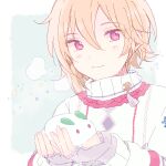  1boy androgynous bishounen blonde_hair blush border breath closed_mouth ensemble_stars! fingerless_gloves food gloves green_background grey_border grey_gloves hair_between_eyes immmmo_26 looking_at_viewer male_focus mochi multicolored_sweater nito_nazuna pink_sweater purple_eyes simple_background smile snowflakes solo sparkle star_(symbol) sweater white_sweater 