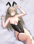  1girl absurdres alternate_costume animal_ears bare_shoulders bed black_choker black_leotard blush breasts brown_hair choker collarbone commentary_request covered_navel crossed_legs fake_animal_ears feet_out_of_frame girls'_frontline highres leotard long_hair looking_at_viewer lying medium_breasts off-shoulder_leotard on_bed one_eye_closed open_mouth playboy_bunny rabbit_ears simple_background smile solo star-shaped_pupils star_(symbol) strapless strapless_leotard symbol-shaped_pupils thighs ump40_(girls'_frontline) undercoder v white_wrist_cuffs wrist_cuffs yellow_eyes 