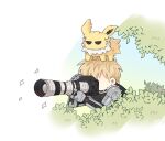  1boy black_shirt blonde_hair bush camera crossover cyborg genos holding holding_camera ie_(nyj1815) jolteon on_head one-punch_man pokemon pokemon_(creature) shirt sleeveless sleeveless_shirt sparkle 