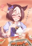  1girl animal_ears blush bow bowl bowtie braid breasts brown_hair chopsticks closed_eyes closed_mouth commentary_request cup ear_bow ear_ribbon food grill heart highres holding holding_bowl horse_ears horse_girl horse_tail meat mokichi3356 multicolored_hair plate puffy_short_sleeves puffy_sleeves purple_bow purple_bowtie purple_shirt sailor_collar sailor_shirt sauce school_uniform shirt short_hair short_sleeves skirt smile special_week_(umamusume) steam tail tail_wagging tracen_school_uniform two-tone_hair umamusume white_hair white_sailor_collar yakiniku 