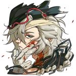  5202609076a ai-generated bandages braid closed_mouth gloves green_eyes hand_on_another's_cheek hand_on_another's_face hand_on_another's_head hunter_(bloodborne) jewelry long_hair male_focus original painterly portrait warrior white_gloves white_hair 