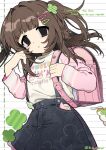  1girl animal_print backpack bag black_eyes brown_hair cardigan closed_mouth clover clover_hair_ornament denim denim_skirt english_text expressionless four-leaf_clover hair_between_eyes hair_ornament hairclip hand_up high-waist_skirt highres jacket long_hair long_sleeves looking_at_viewer messy_hair milk_(milk319319) musical_note original oversized_clothes pen pink_bag pink_jacket pocket print_shirt rabbit_print randoseru shirt side_ponytail signature simple_background skirt solo suspenders t-shirt upper_body white_background white_shirt 