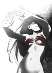  1girl absurdres armpits backlighting black_background blush breasts collarbone commentary cowboy_shot double-parted_bangs english_commentary from_below glowing glowing_eye greyscale grin groin hair_behind_ear hand_shadow_covering_breasts_(meme) hatching_(texture) highres long_hair mari_(omori) mari_(spirit)_(omori) meme monochrome navel no_pupils nude omori one_eye_covered out-of-frame_censoring outstretched_arms parted_lips shaded_face shadow_censor shadow_puppet simple_background small_breasts smile solo something_(omori) spoilers spot_color standing two-tone_background vegasvat1 very_long_hair white_background 