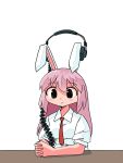  1girl absurdres animal_ears blush closed_mouth collared_shirt commentary_request headphones highres interlocked_fingers kasuya_baian looking_at_viewer necktie own_hands_together pink_hair puffy_short_sleeves puffy_sleeves rabbit_ears rabbit_girl red_necktie reisen_udongein_inaba shirt short_sleeves simple_background solo touhou upper_body white_background white_shirt 