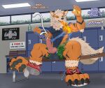 4_toes 5_fingers abs absurd_res after_transformation animal_genitalia animal_penis ankle_tuft anthro arcanine arm_tuft artist_logo artist_name balls bench biceps big_balls big_feet big_penis biped black_body black_claws black_fur black_nose black_stripes blueauradog bodily_fluids bottle bottomwear breath_powers broad_shoulders camo camo_bottomwear camo_clothing camo_print canine_genitalia canine_penis cheek_tuft claws clothing clothing_scraps container converse creaking cum cumshot cursed_object day destroyed_clothing dialogue digital_media_(artwork) digitigrade ejaculation elbow_tuft elemental_manipulation english_text erection evolutionary_stone facial_tuft fangs feet fingers fire fire_breathing fire_manipulation fire_stone fluffy fluffy_tail folded_clothes folded_clothing footwear fox_lightning foxlightning fur generation_1_pokemon genital_fluids genitals grey_pawpads gym gym_locker hands-free head_tuft hi_res holding_object inner_ear_fluff inside knot knotted_penis leg_tuft locker locker_room logo low-angle_view male mane multicolored_body multicolored_fur muscular muscular_anthro muscular_male neck_tuft nintendo on_bench one_eye_closed onomatopoeia open_mouth orange_body orange_fur orgasm orgasm_from_transformation pattern_bottomwear pattern_clothing pawpads paws pecs penis pink_penis pokemon pokemon_(species) possession poster_(object) public raised_foot raised_leg red_eyes shaded sharp_teeth shelf shirt shoe_burst shoes simple_shading sitting sitting_on_bench smile snout solo sound_effects striped_body striped_fur stripes tail tan_body tan_fur tearing_clothing tearing_own_clothing tearing_shirt teeth text toe_claws toes tongue topwear torn_bottomwear torn_clothing torn_shirt torn_shoes torn_topwear towel transformation tuft vein veiny_penis wall_art window