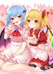  2girls alternate_costume apron ascot bat_wings black_thighhighs blonde_hair blue_hair blush brooch cake closed_mouth collared_dress commentary_request crystal crystal_wings dress eating enmaided flandre_scarlet food fruit highres holding holding_food holding_fruit holding_plate jewelry looking_at_viewer maid maid_headdress medium_hair multicolored_wings multiple_girls one_side_up open_mouth pink_dress pink_wrist_cuffs plate puffy_short_sleeves puffy_sleeves red_ascot red_dress red_eyes red_wrist_cuffs remilia_scarlet ruhika short_sleeves siblings sisters sitting smile socks strawberry strawberry_shortcake thighhighs touhou waist_apron white_apron white_socks wings wrist_cuffs yellow_ascot 