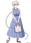  1girl absurdly_long_hair blue_dress braid braided_ponytail breasts commentary_request cypress_(hinokidou) dress high_heel_sandals high_heels highres huge_breasts kantai_collection long_hair looking_at_viewer sandals single_braid sleeveless sleeveless_dress smile solo unryuu_(kancolle) very_long_hair wavy_hair white_hair yellow_eyes 