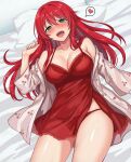  1girl absurdres arm_at_side blush breasts chemise cherry_print commentary_request cowboy_shot food_print fruit_print green_eyes hair_between_eyes hair_spread_out hand_up head_on_pillow heart highres hino_akane_(vtuber) indie_virtual_youtuber large_breasts long_bangs long_hair looking_at_viewer lying mazical007 nose_blush on_back on_bed open_clothes open_mouth open_shirt panties pillow print_shirt red_chemise red_eyes red_panties shirt side_slit solo spaghetti_strap speech_bubble spoken_heart straight_hair string_panties sweat underwear virtual_youtuber white_shirt 