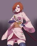  0apple00 1girl black_thighhighs breasts bridal_gauntlets brown_hair crazy_eyes doromizu_pirako floral_print from_below gintama hadanugi_dousa holding holding_sword holding_weapon japanese_clothes katana kimono looking_at_viewer obi off_shoulder open_clothes open_kimono open_mouth orange_hair pink_eyes pink_kimono purple_eyes sarashi sash scarf sheath sheathed short_hair short_kimono smile solo sword thighhighs unsheathing weapon wide_sleeves zettai_ryouiki 
