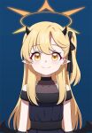  1girl black_dress black_horns black_wings blonde_hair blue_archive commentary_request dark_background demon_girl demon_horns demon_wings dress evening_gown halo highres horns ibuki_(blue_archive) ibuki_(dress)_(blue_archive) korean_commentary long_hair low_wings official_alternate_costume one_side_up pointy_ears simple_background smile solo welchsbinn wings yellow_eyes yellow_halo 
