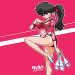  1girl athletic_leotard black_hair breasts commentary from_side holding holding_juggling_club kunou_kodachi leotard long_hair looking_to_the_side ponytail print_leotard ranma_1/2 red_background red_leotard snowflake_print solo standing standing_on_one_leg twitter_username wanta_(futoshi) 