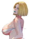  1girl absurdres bandeau blonde_hair blue_eyes blue_eyeshadow breasts commentary covered_nipples curtained_hair drawink emma_frost english_commentary expressionless eyeshadow from_side highres large_breasts looking_at_viewer makeup marvel marvel_rivals ring_light_reflection short_hair shoulder_blades simple_background solo upper_body white_background white_bandeau x-men 