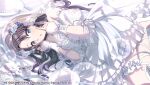  1girl artist_request black_hair blue_eyes blush breasts bridal_veil commentary_request dress flower frilled_thigh_strap hair_down hair_flower hair_ornament high_heels idolmaster idolmaster_shiny_colors long_hair lying mitsumine_yuika official_art on_side open_mouth pinky_out second-party_source shoes small_breasts solo thigh_strap veil wedding_dress white_shoes 