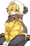  1girl black_pantyhose blonde_hair blush brown_horns brown_scarf brown_shoes commentary_request curved_horns don_quixote_(project_moon) double-parted_bangs down_jacket full_body fur-trimmed_hood fur_trim hair_between_eyes heishou_pack-wei_branch_(identity)_(project_moon) highres hood hood_up hooded_jacket horns jacket limbus_company looking_at_viewer mittens pantyhose parted_lips project_moon ro/ku scarf sheep_horns shoes short_hair simple_background sitting solo sweatdrop tearing_up twitter_username wariza white_background white_mittens yellow_eyes yellow_jacket 
