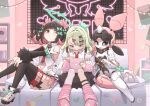  3girls angels_of_delusion aria_(robot)_(zenless_zone_zero) aria_(zenless_zone_zero) arm_warmers bare_shoulders black_hair black_sclera blush bow butter_spoon colored_inner_hair colored_sclera commentary detached_sleeves dress fur-trimmed_skirt fur_trim green_bow green_eyes green_hair hair_bow hair_ornament halo highres humanoid_robot indoors joints looking_at_another looking_at_object looking_down multicolored_hair multiple_girls nangong_yu necktie open_mouth pink_arm_warmers pink_hair red_eyes red_necktie robot robot_girl robot_joints sitting skirt striped_arm_warmers sunna_(zenless_zone_zero) thighhighs too_many_bows twintails untranslatable_commentary white_wings wings zenless_zone_zero 